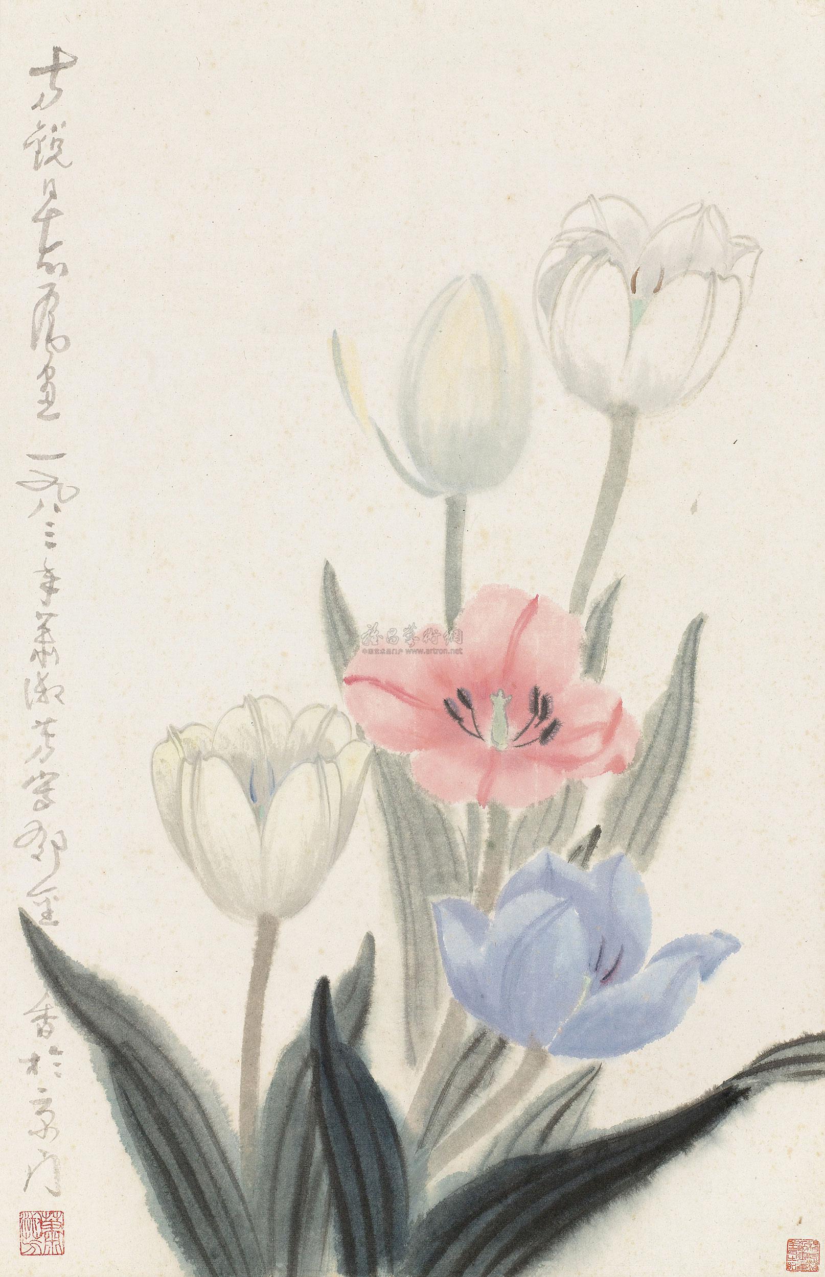 0034 1983年作 郁金香 镜框 设色纸本