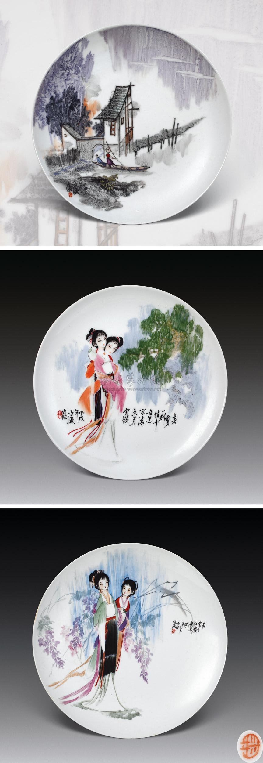 0807方复釉上彩绘圆盘三件渔家乐春霄万紫千红处处春