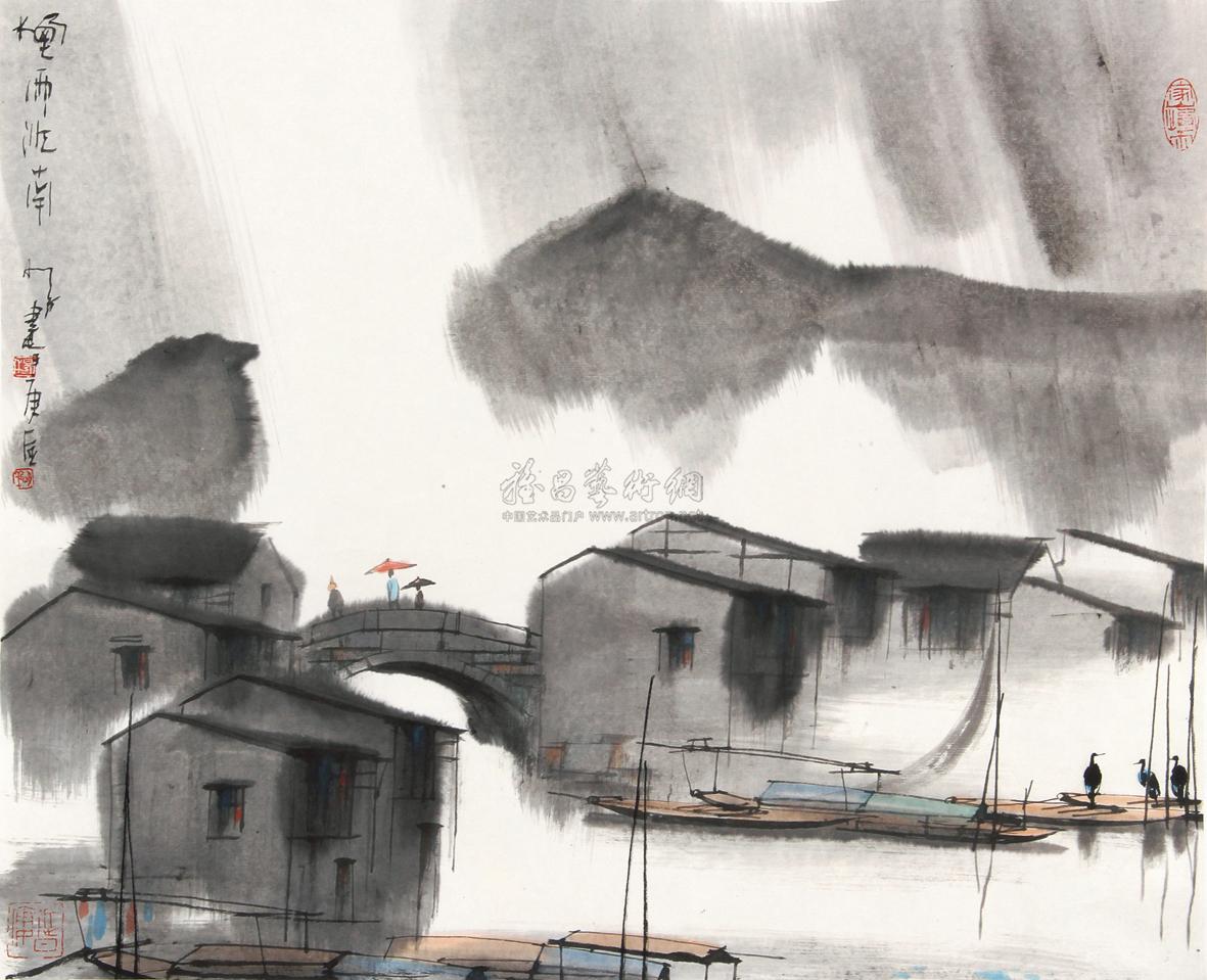 0034烟雨江南镜片设色纸本