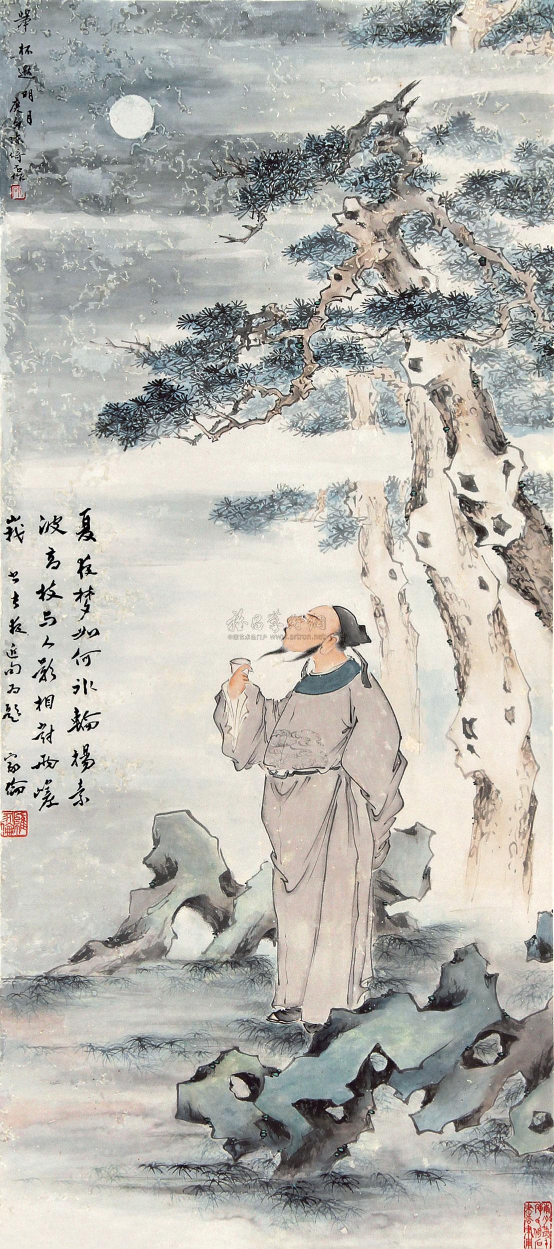 0280 举杯邀月 立轴 设色纸本