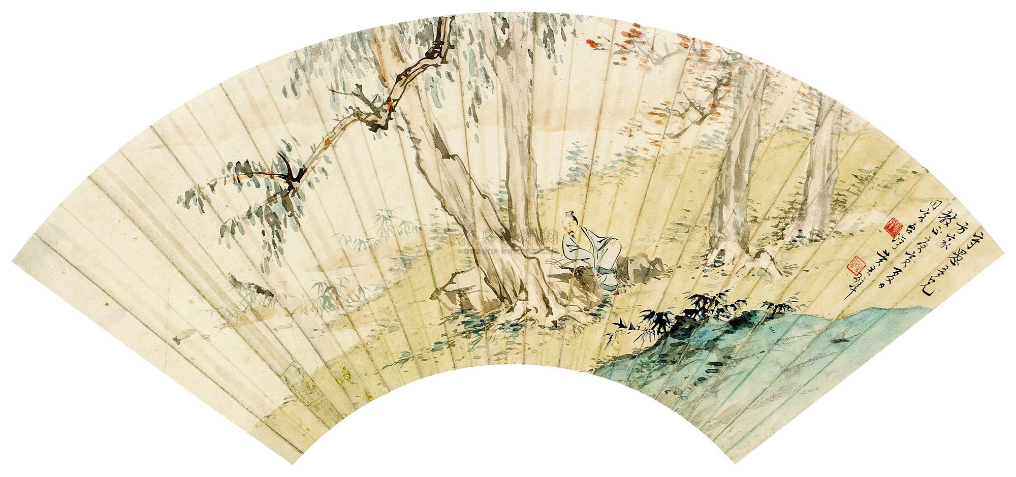 0681 庚寅(1950年)作 秋林读书图扇面 立轴 纸本