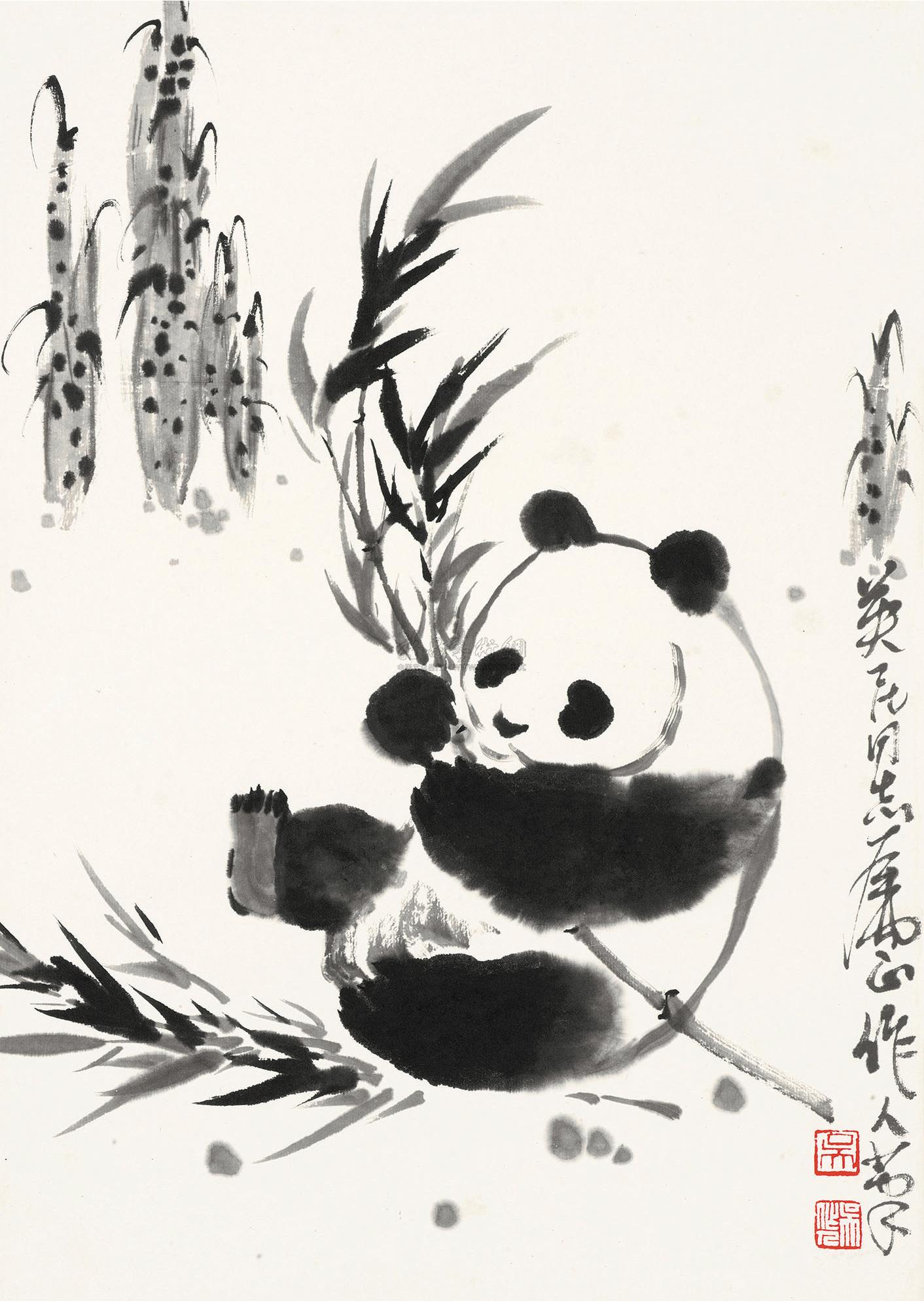 0715 熊猫抱竹 镜心 水墨纸本
