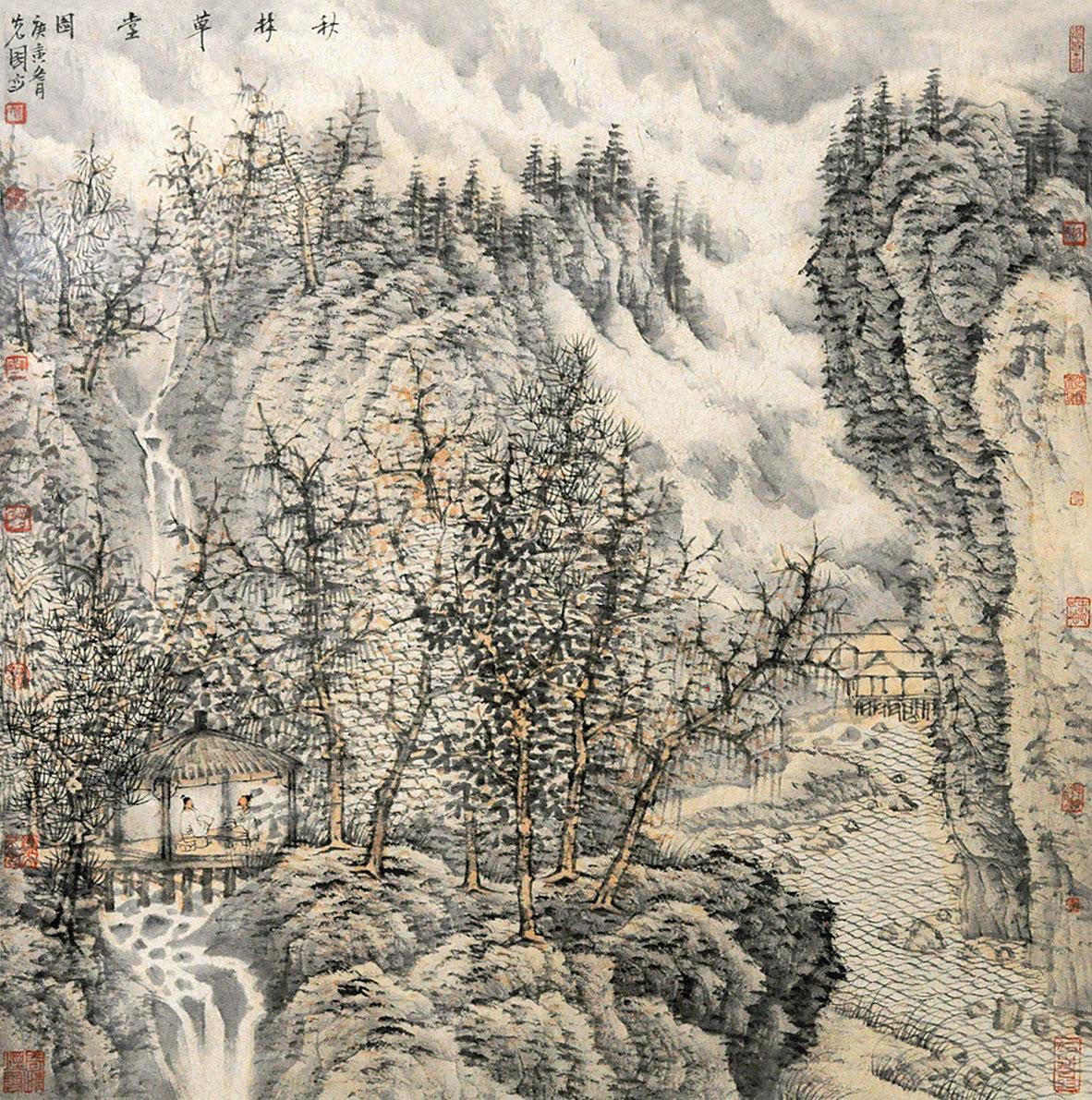 0495秋林草堂图镜框纸本