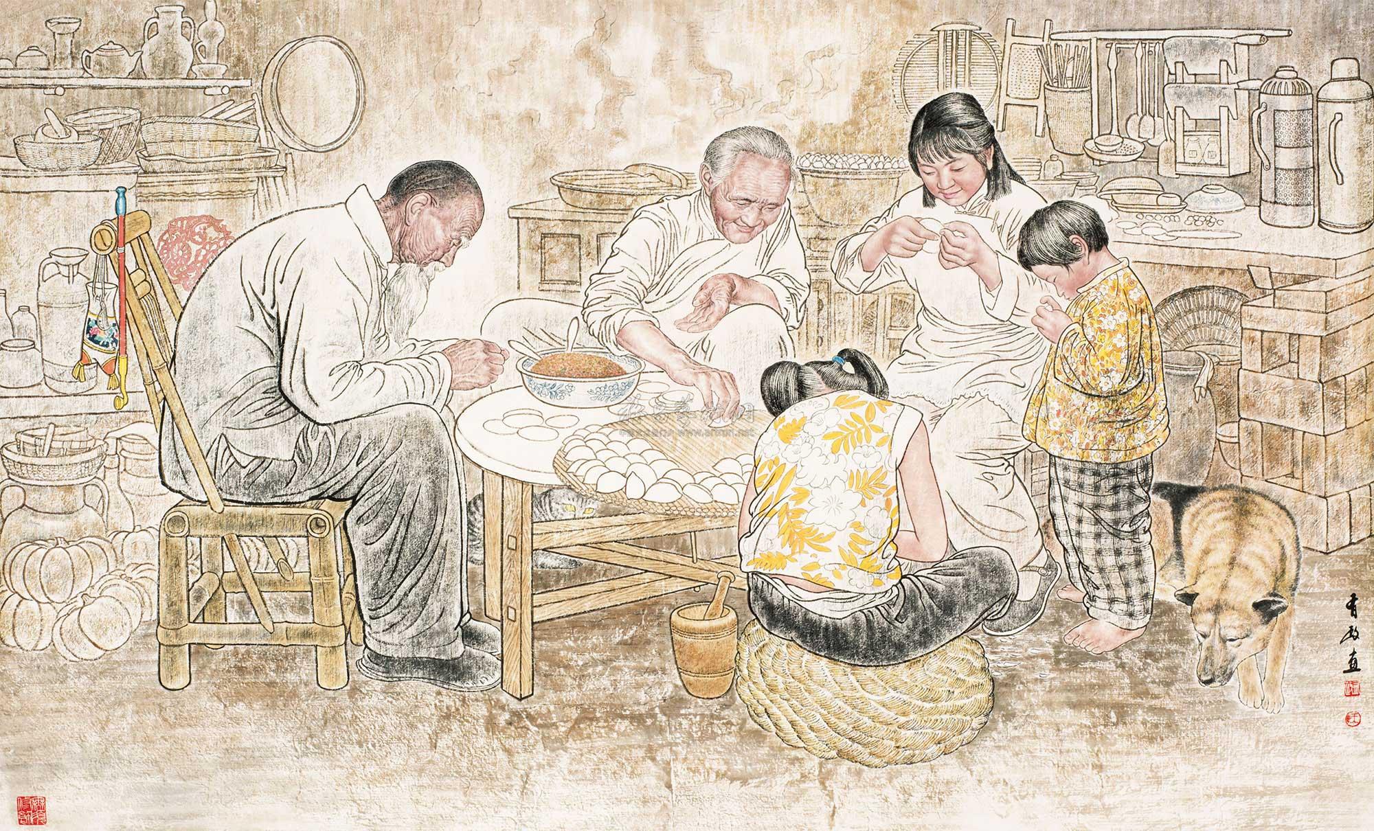 0594 包饺子 镜心 设色纸本