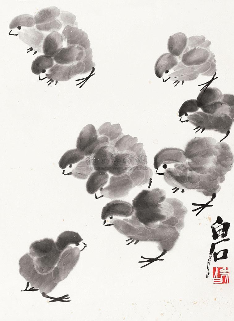 0091 小鸡 镜心 水墨纸本