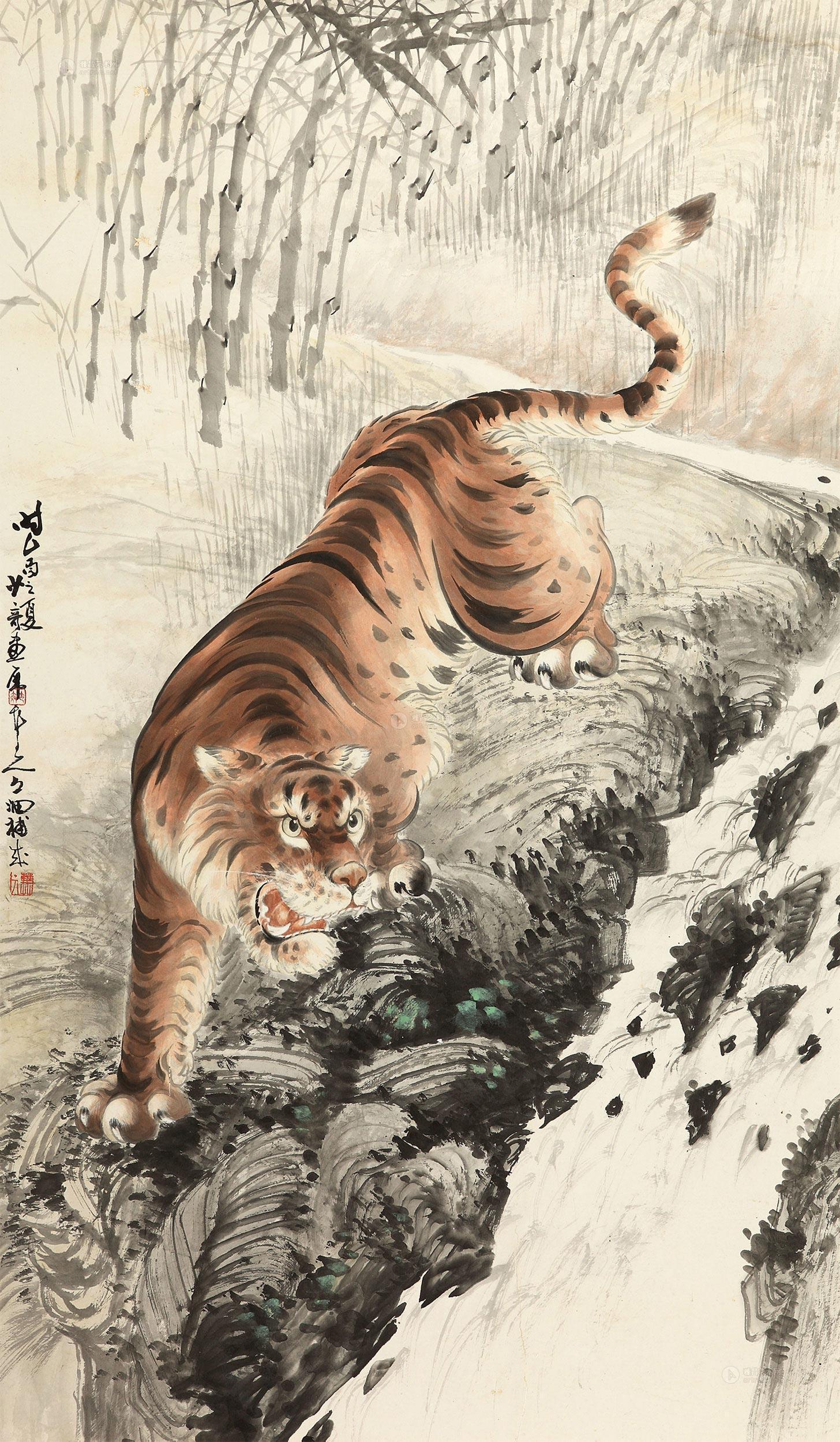 0197虎啸图镜片设色纸本