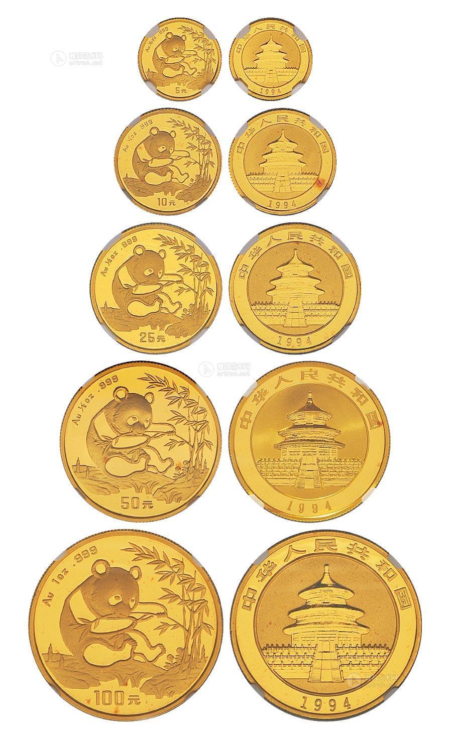 3060 1994年熊猫纪念金币五枚全套
