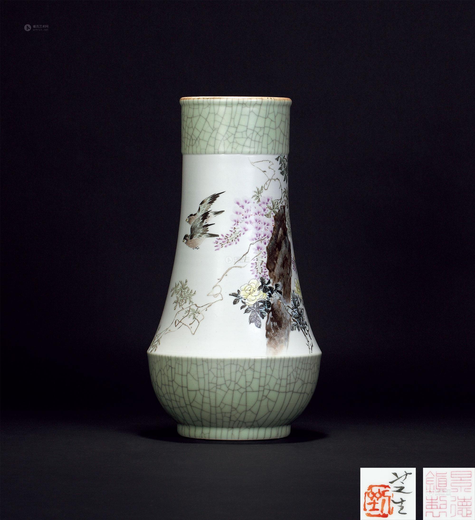 2306当代刘平粉彩紫藤花鸟宝塔瓶