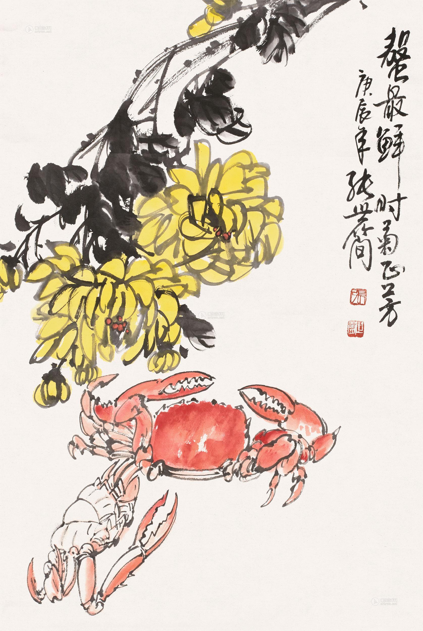 0025 2000年作 菊蟹图 立轴 纸本