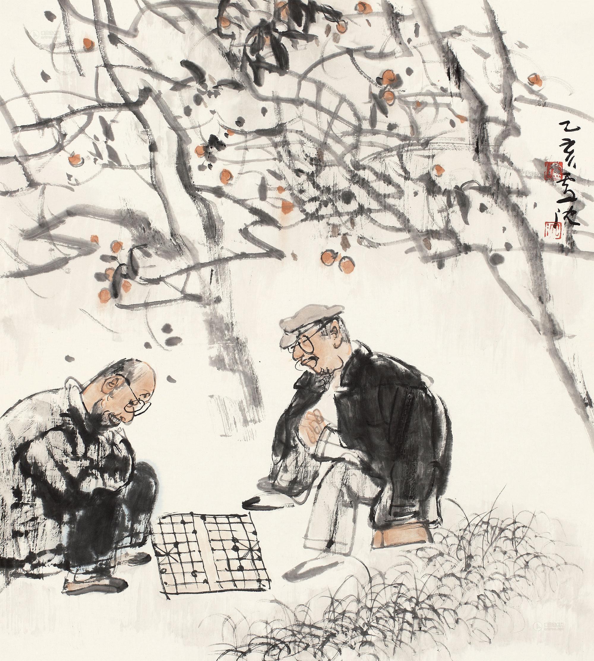03161995年作对弈图镜片设色纸本