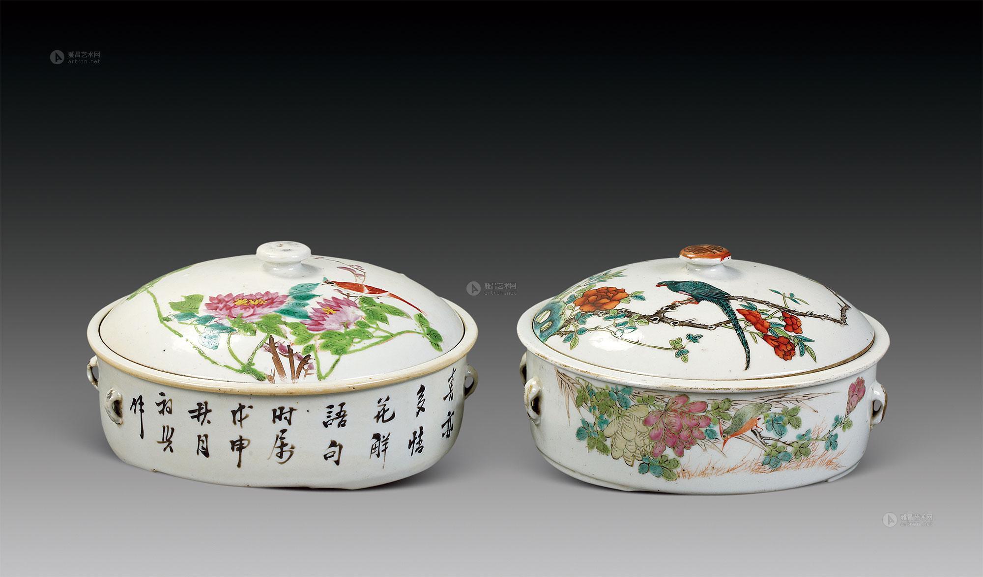*0526 清光绪 粉彩花鸟一品锅 (两件)