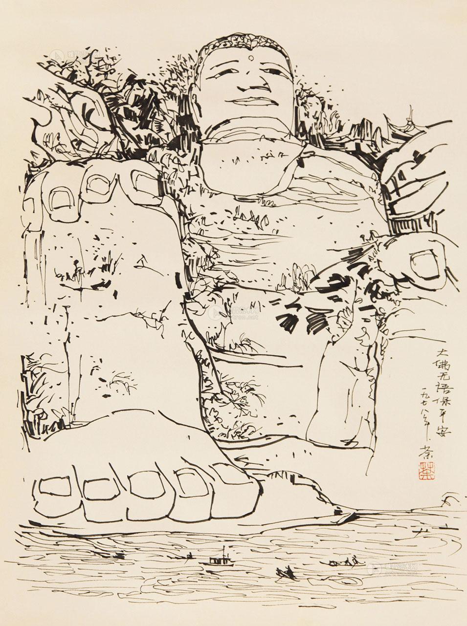 0376钢笔画大佛镜片纸本