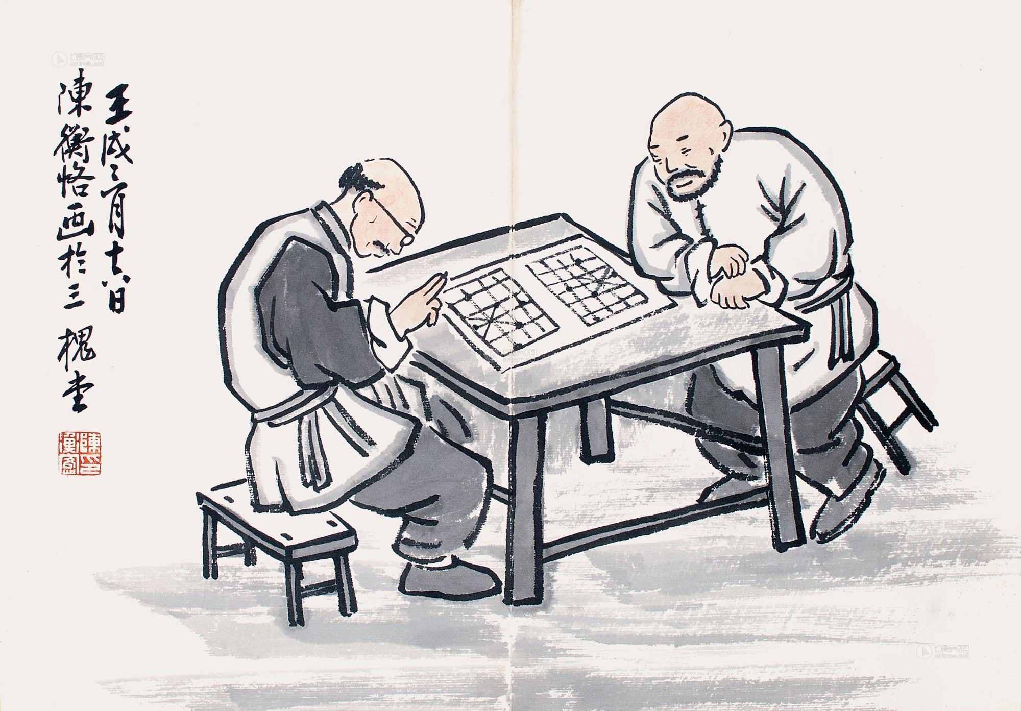 0347对弈图镜片纸本