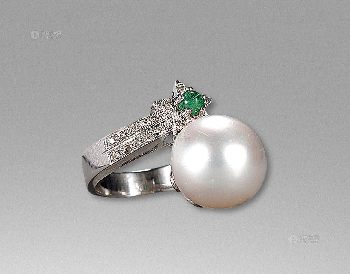 0187 18k金钻石绿宝镶南洋珍珠戒指