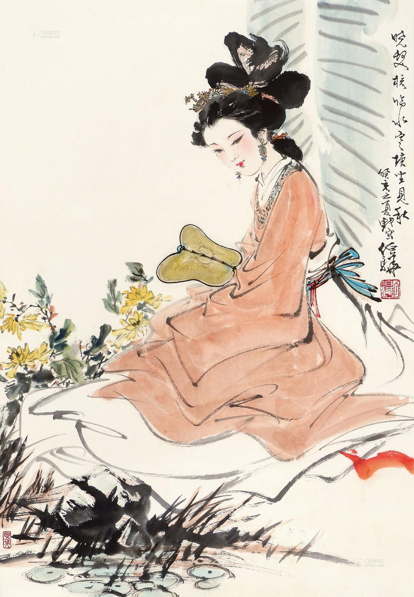 0453执扇仕女立轴纸本