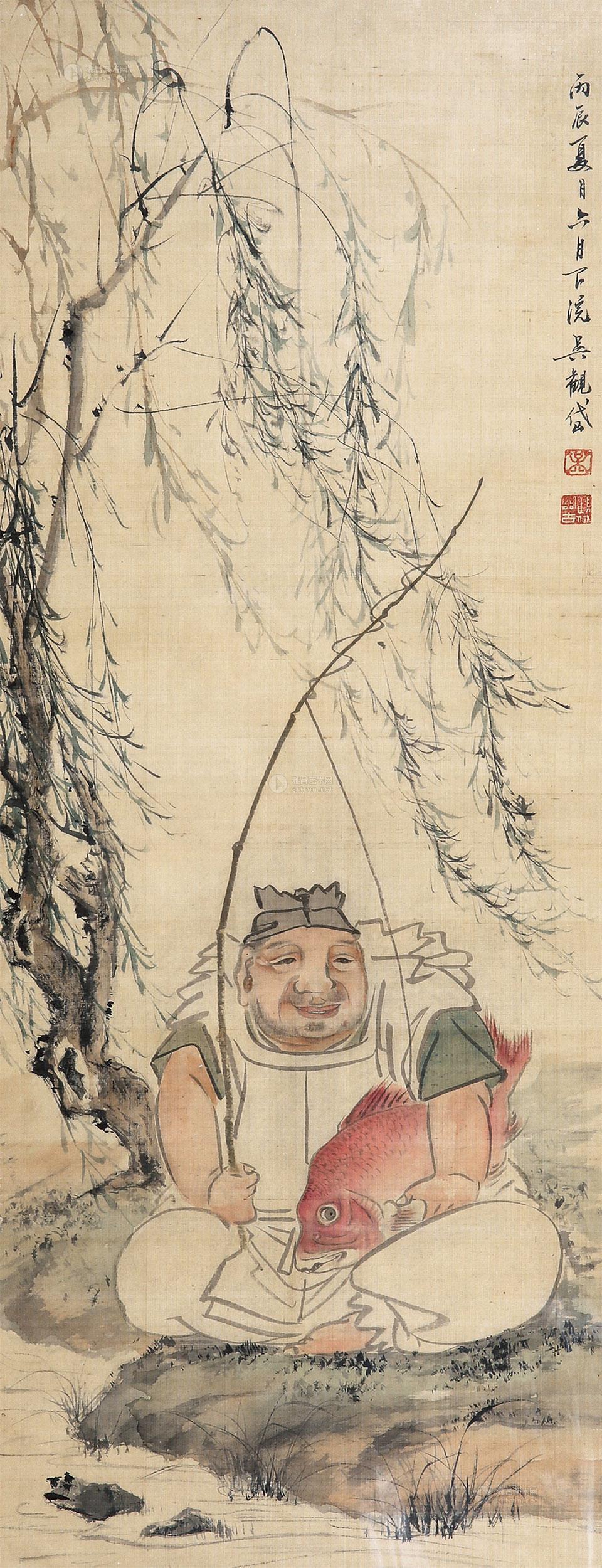 0383 1926年作 钓鱼老人 镜心 设色绢本