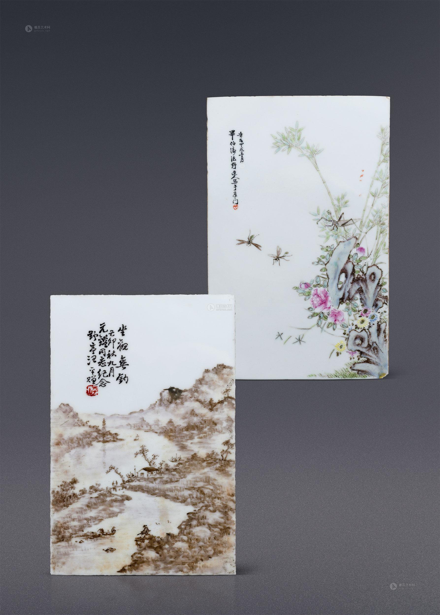 1004民国汪野亭粉彩山水瓷板民国毕伯涛粉彩花鸟瓷板
