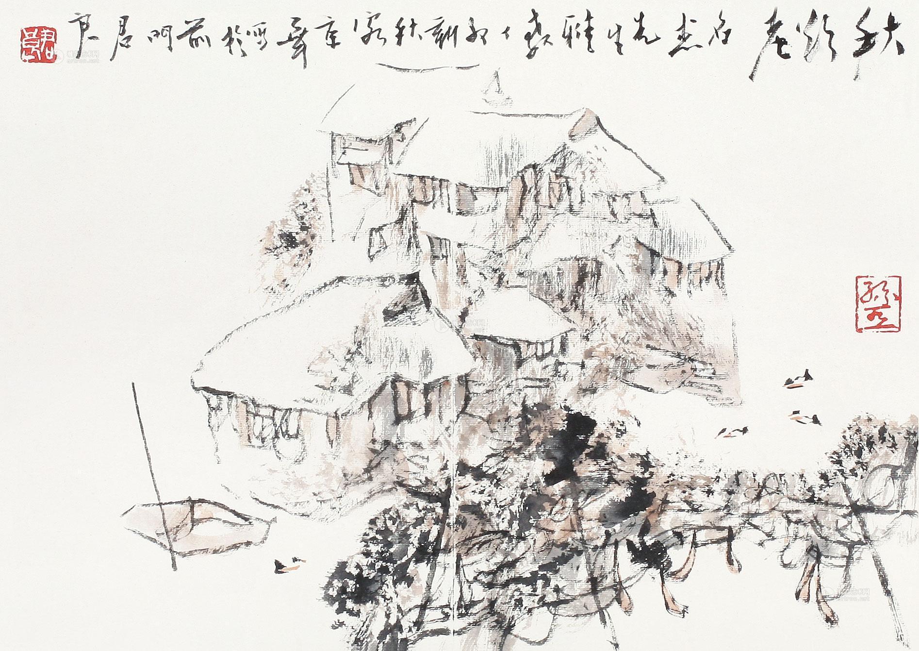 09321987年作山村小景镜心纸本设色