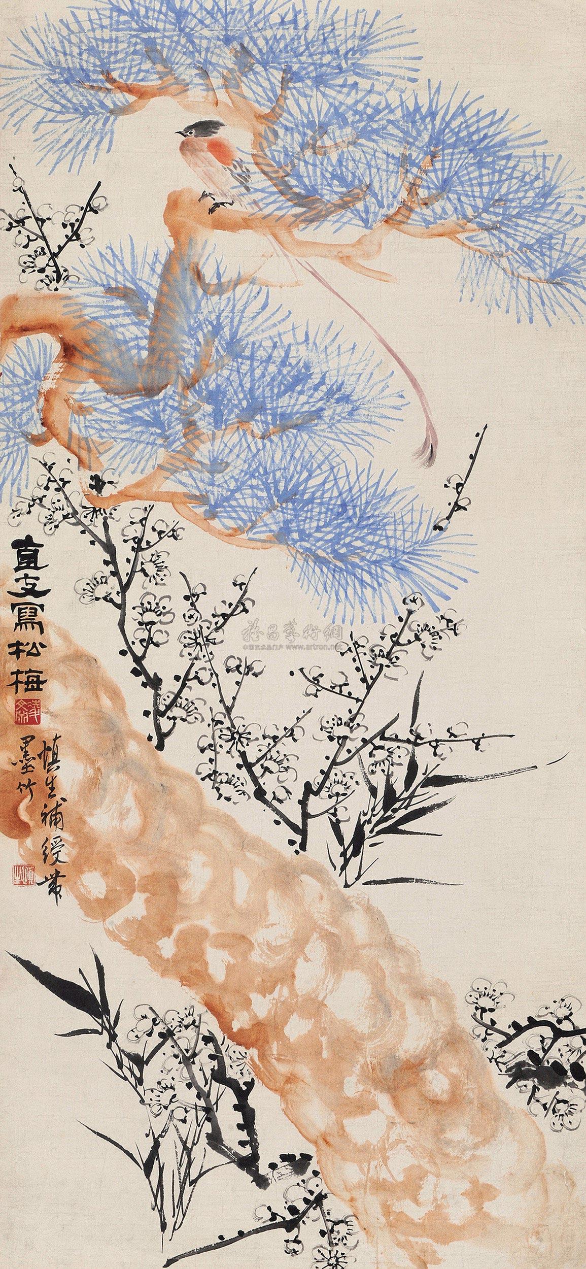 3408岁寒三友立轴设色纸本