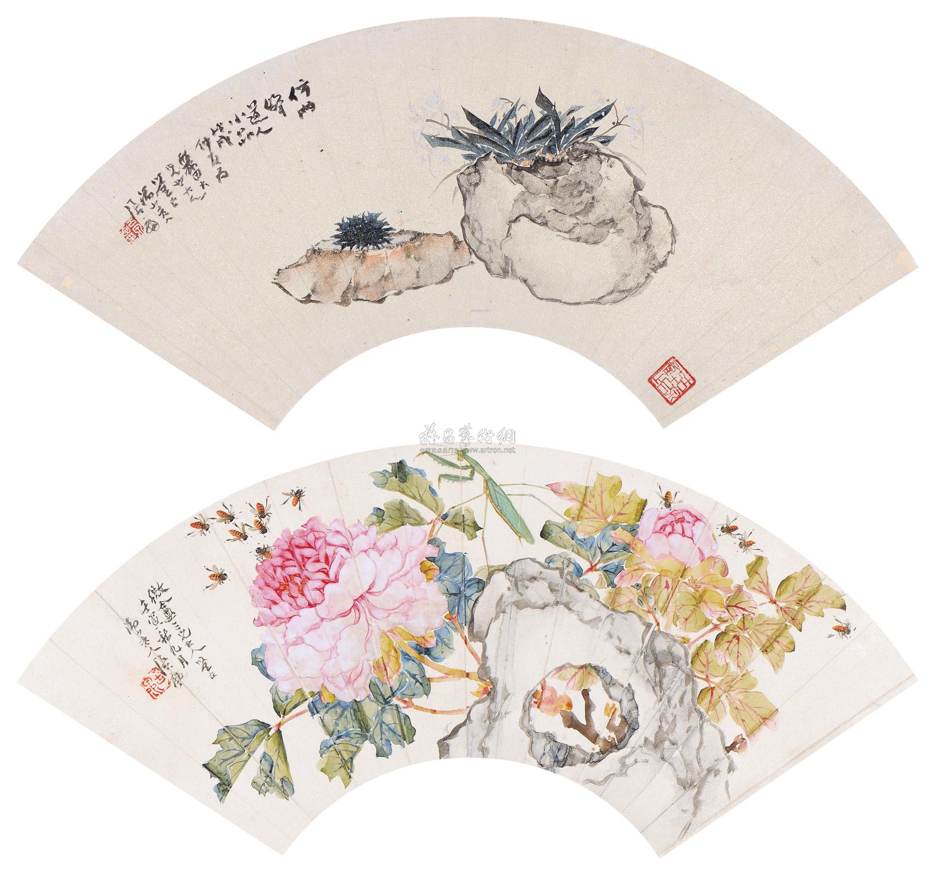 0061 戊戌(1898年)作 / 壬寅(1902年)作 花石蜜蜂 (两幅) 扇面 设色纸