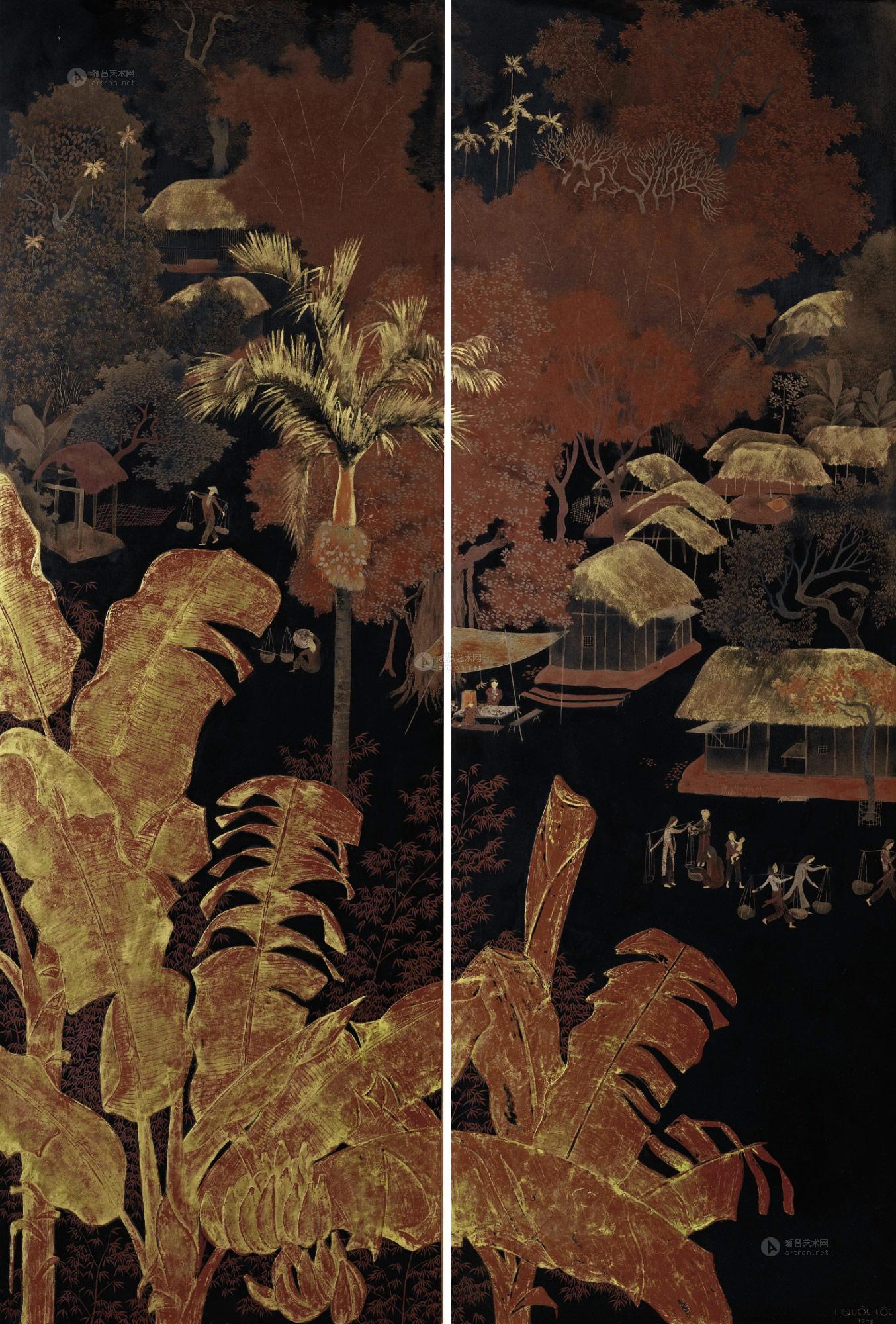 0299 山水 漆画木板,双联幅