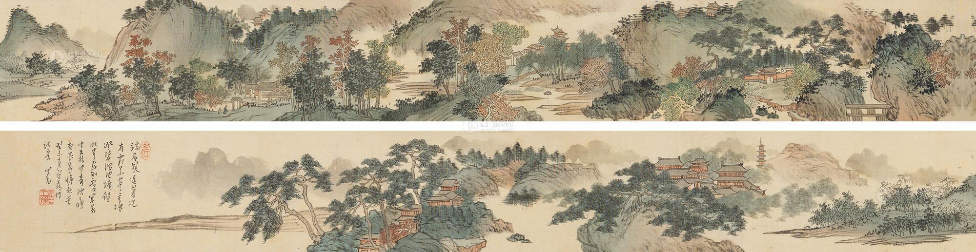 0981癸未1943年作秋山萧寺手卷设色绢本
