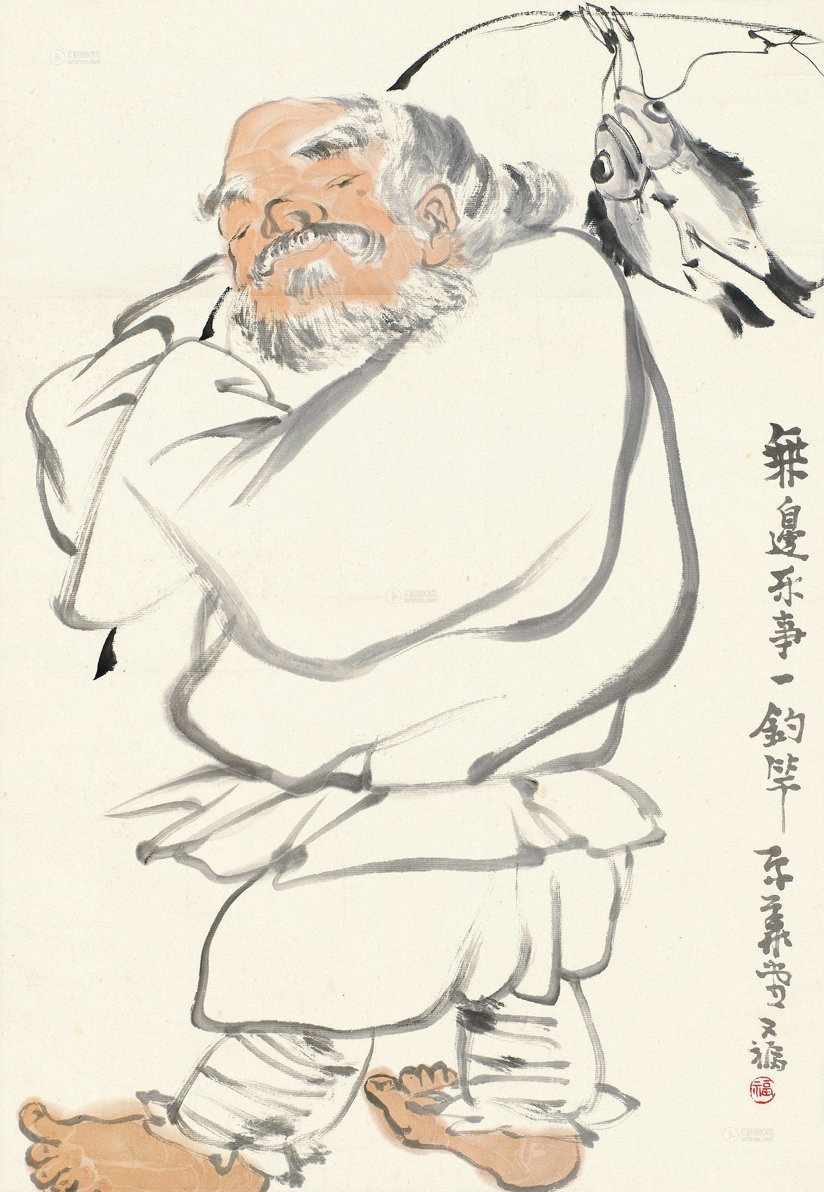 0384钓鱼翁镜心设色纸本