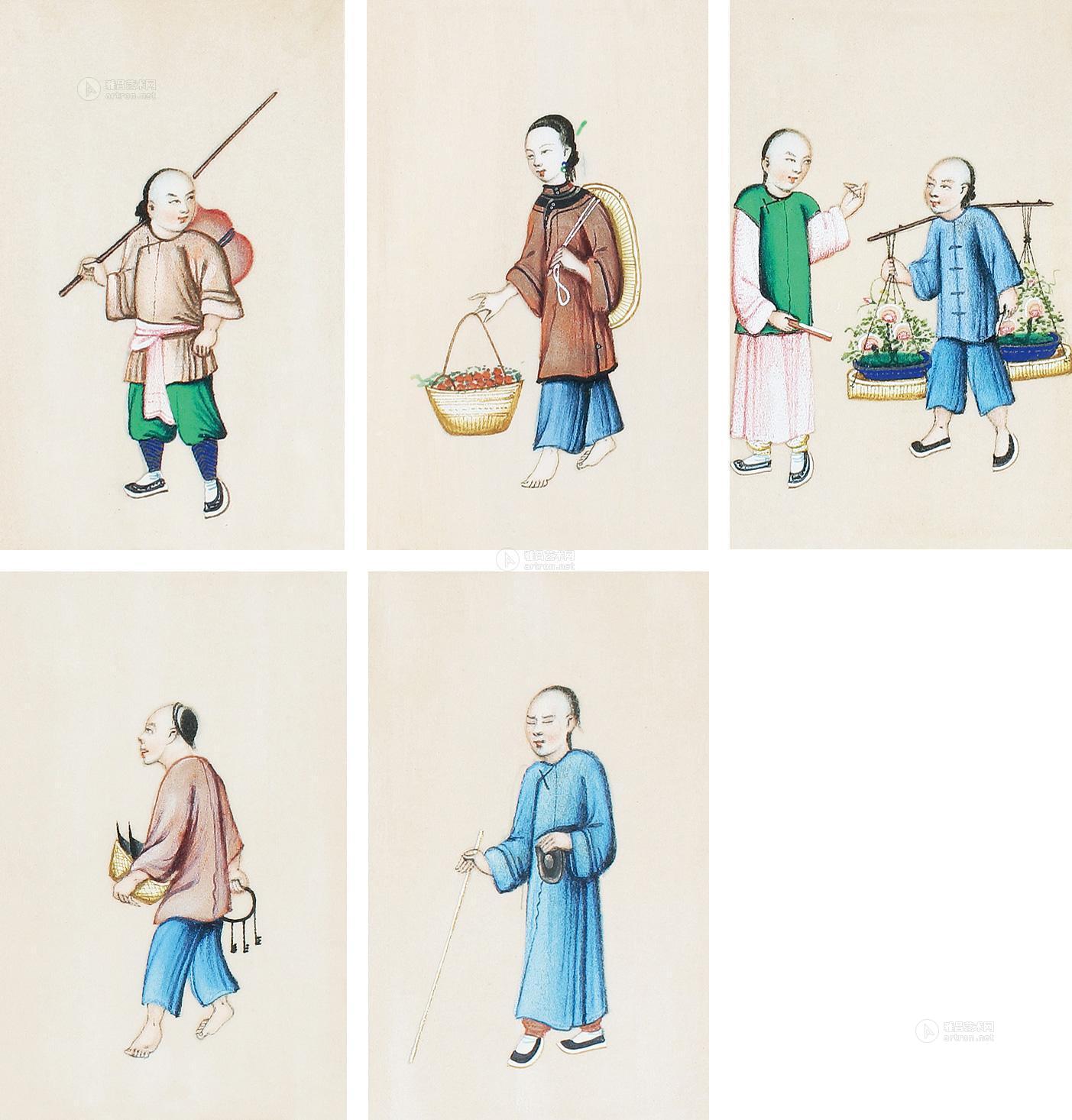 042219世纪通草画市井人物五幅