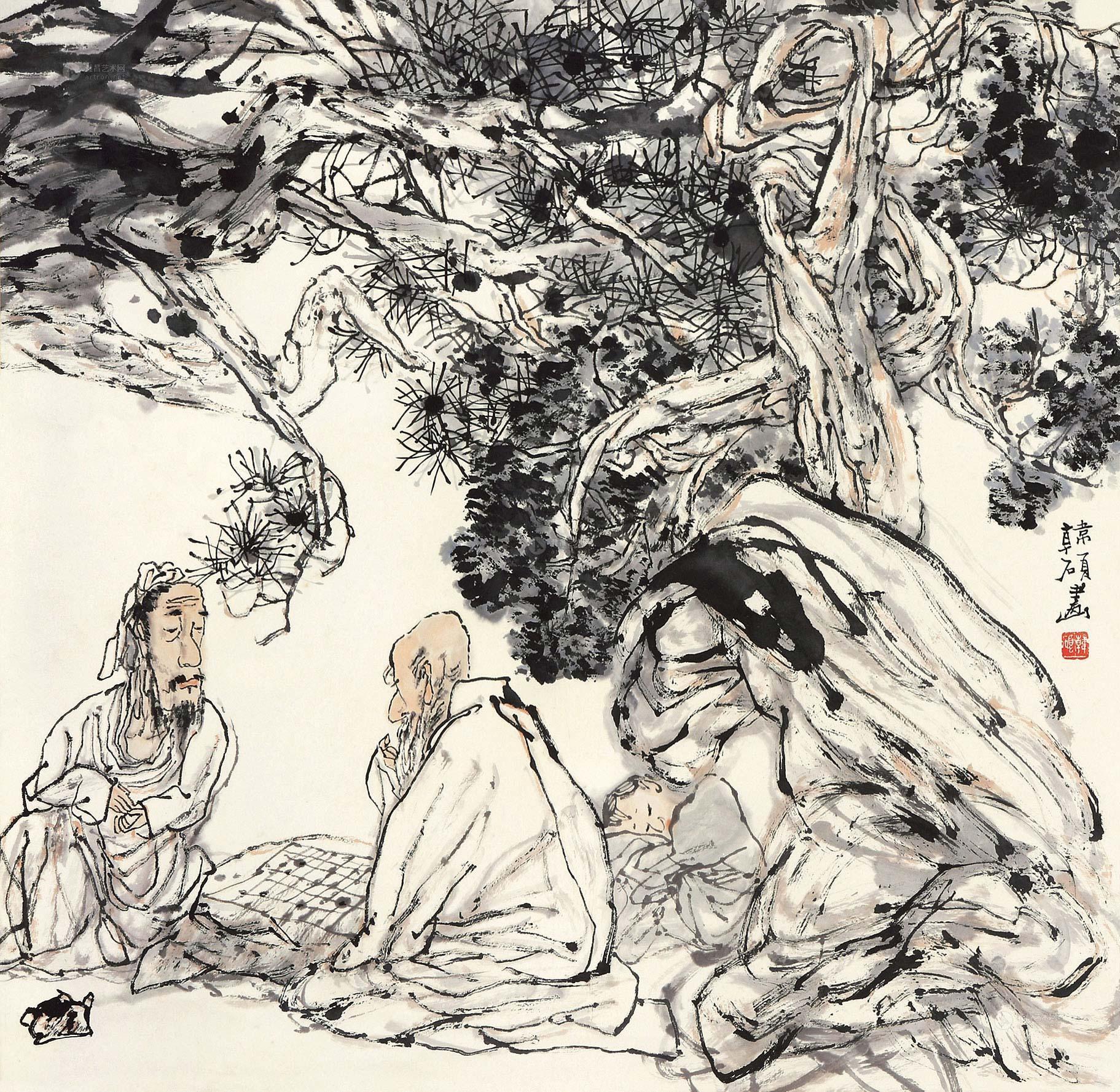 1026松下对弈立轴设色纸本