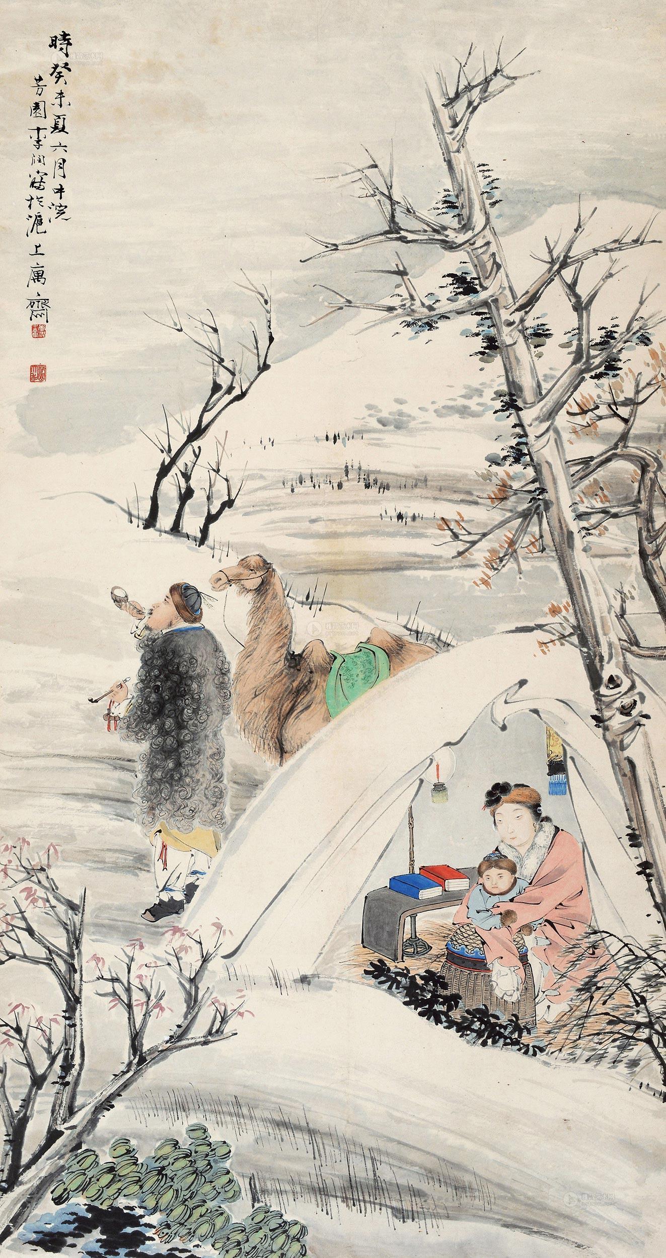 01581943年作雪景人物图屏轴设色纸本