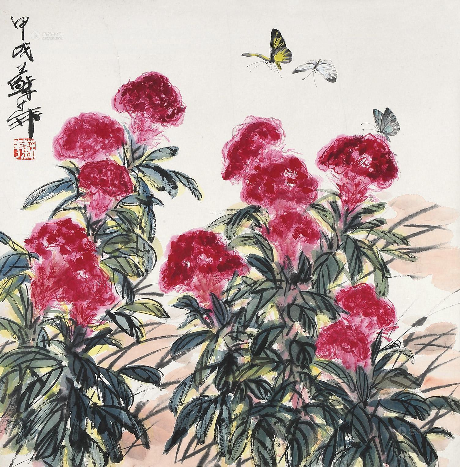 0633 甲戌(1994年)作 鸡冠花 镜片 设色纸本