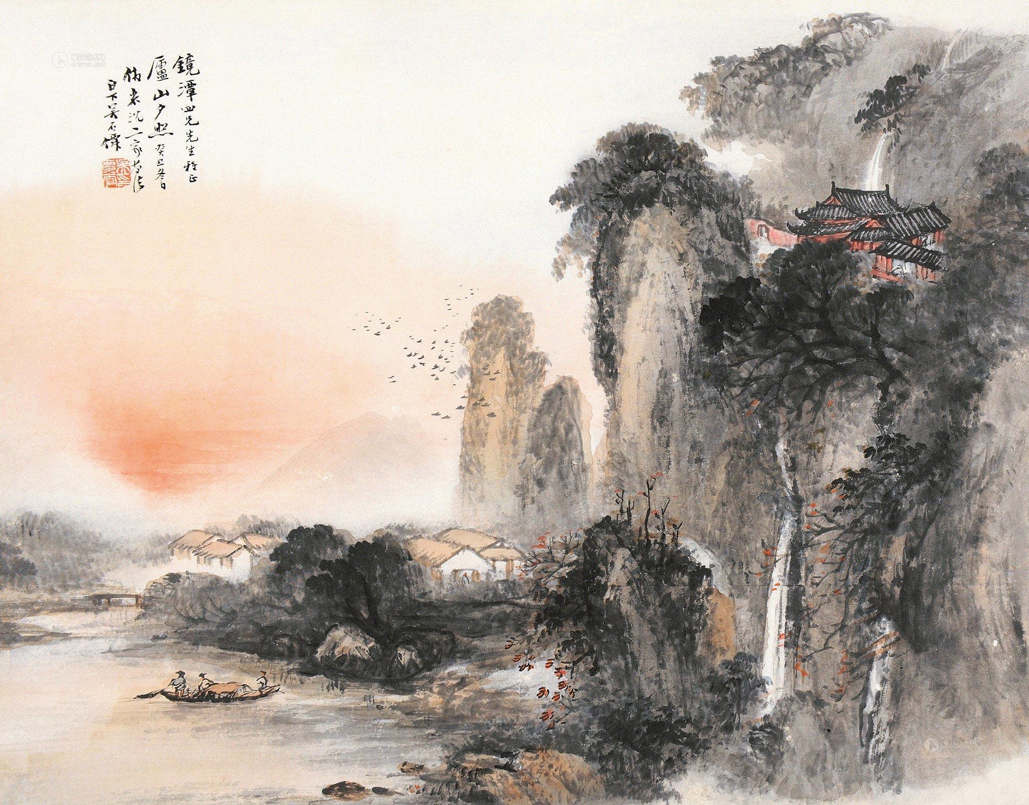 0771癸丑1913年作庐山夕照镜片设色纸本