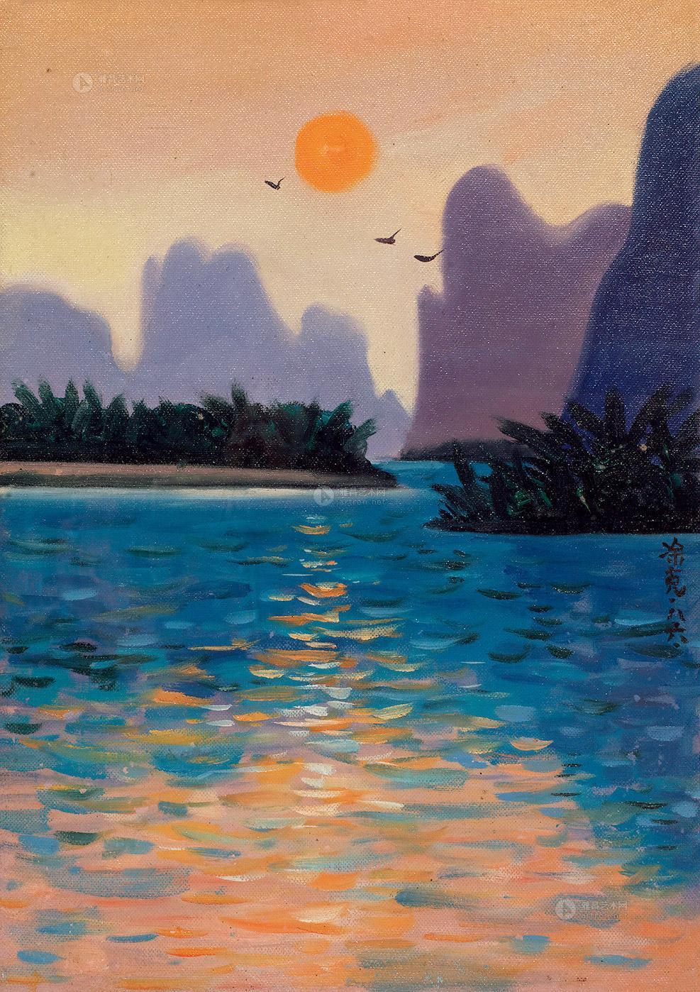 0635 1980年代作 日出漓江 纸本油画