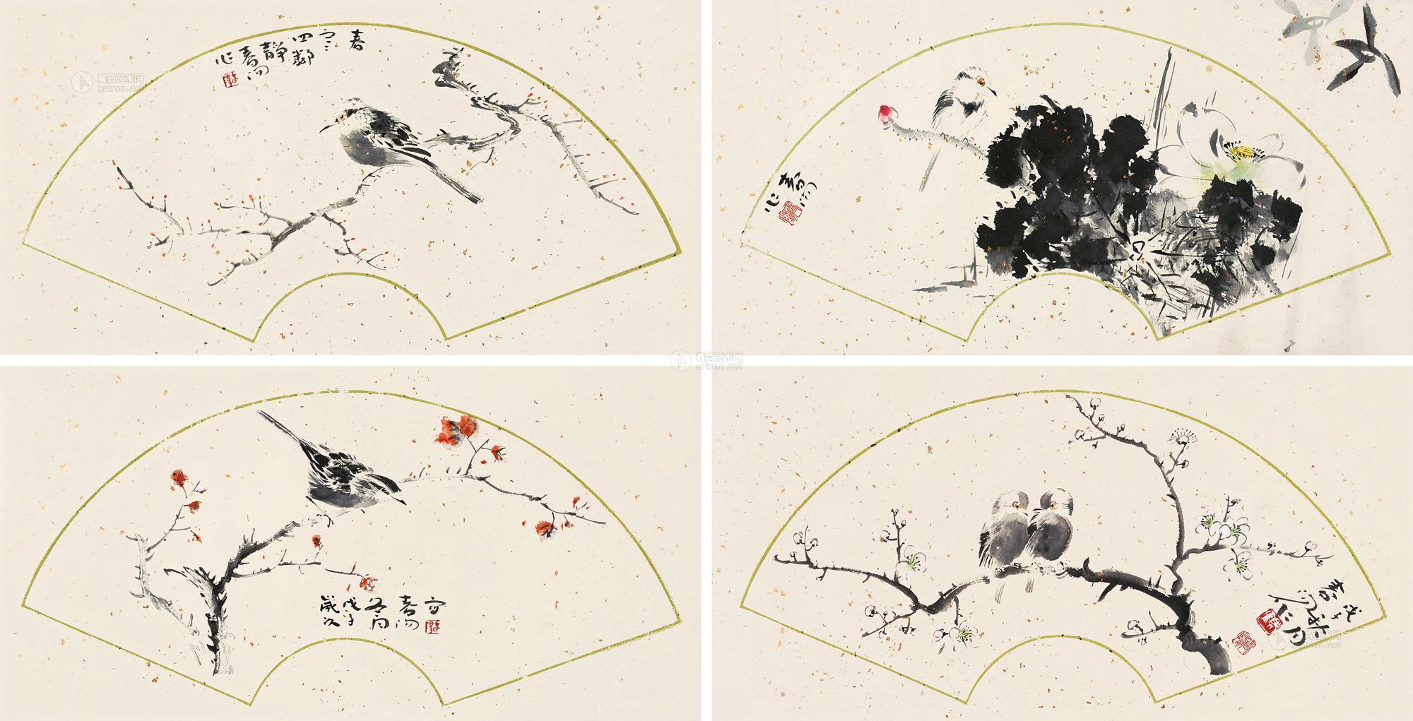 0161 花鸟扇面 镜片 四屏 设色纸本