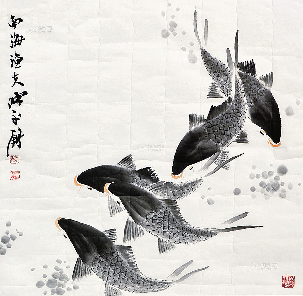 0129五鱼图镜片设色纸本