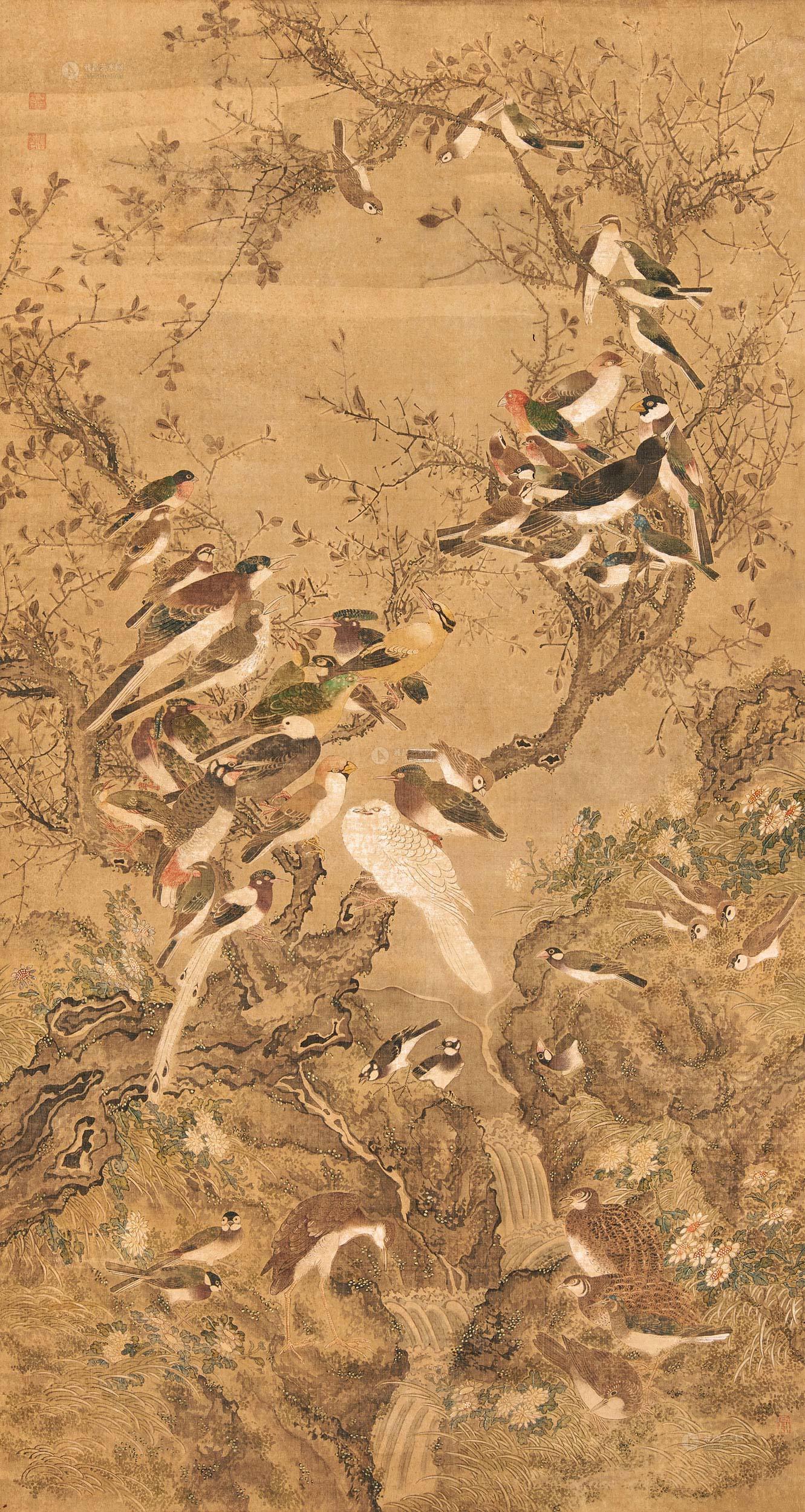 1208 百鸟图 立轴 设色绢本