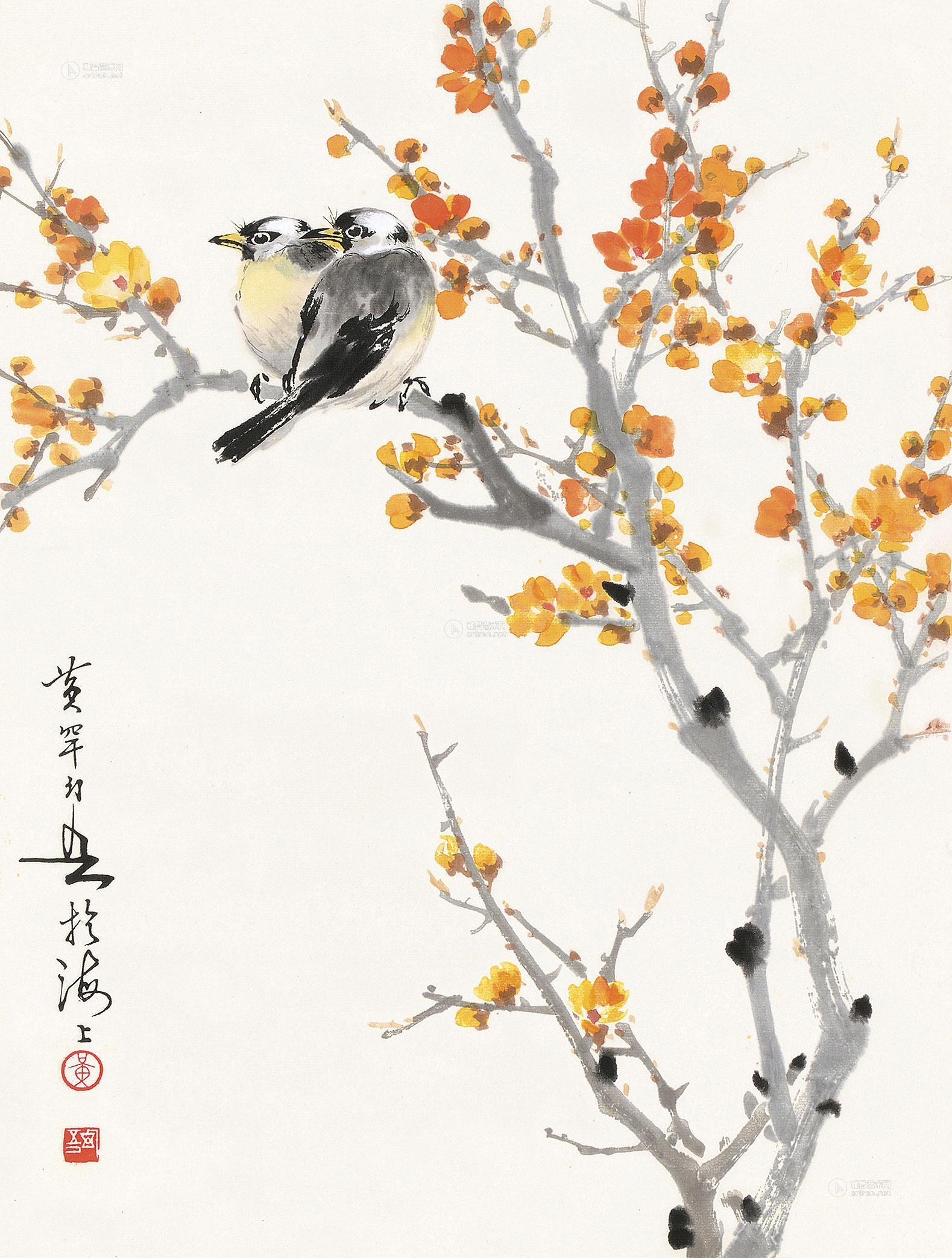 1135 腊梅双雀 立轴 设色纸本