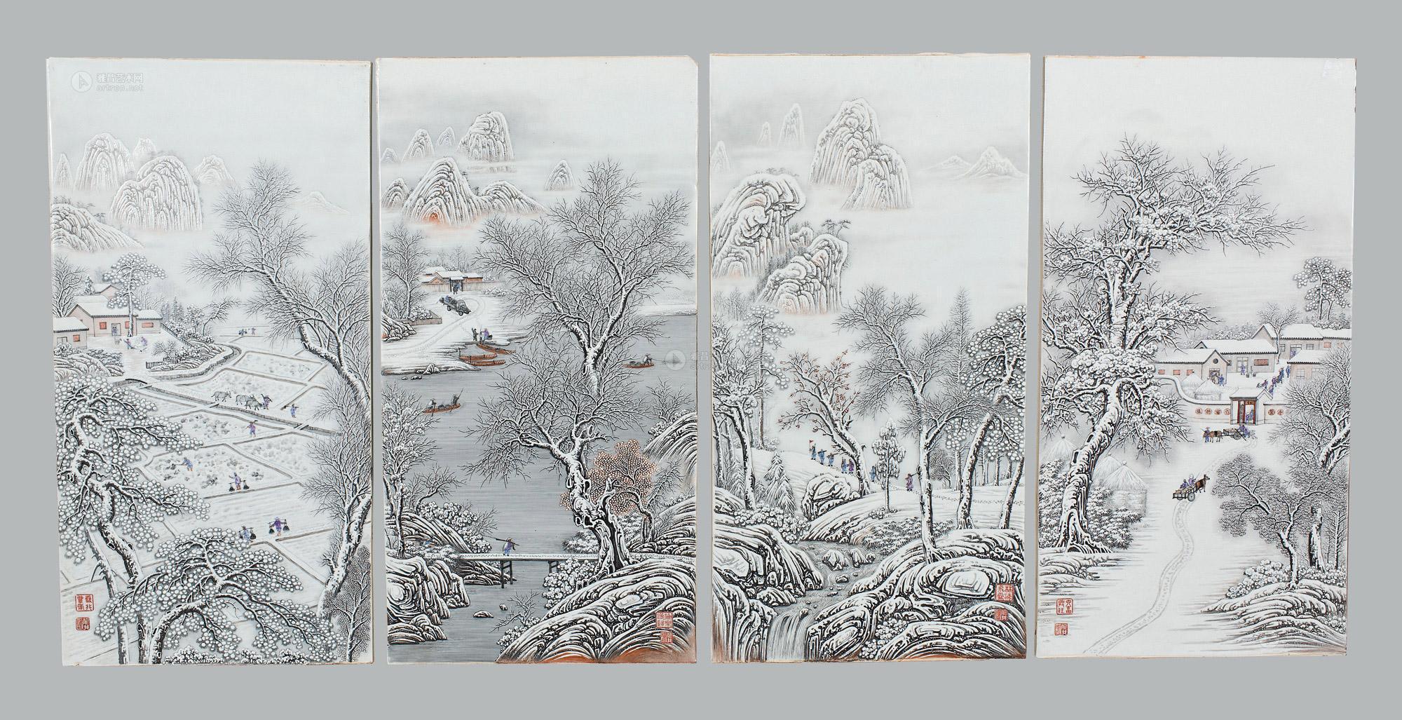 0056 龚耀庭 粉彩雪景山水四屏