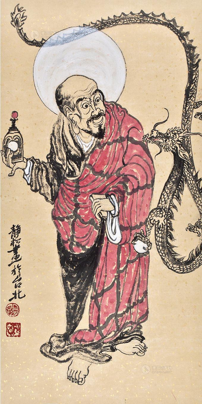 0369降龙罗汉图镜心设色纸本