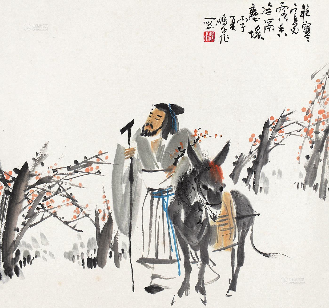 0209骑驴寻梅镜片设色纸本