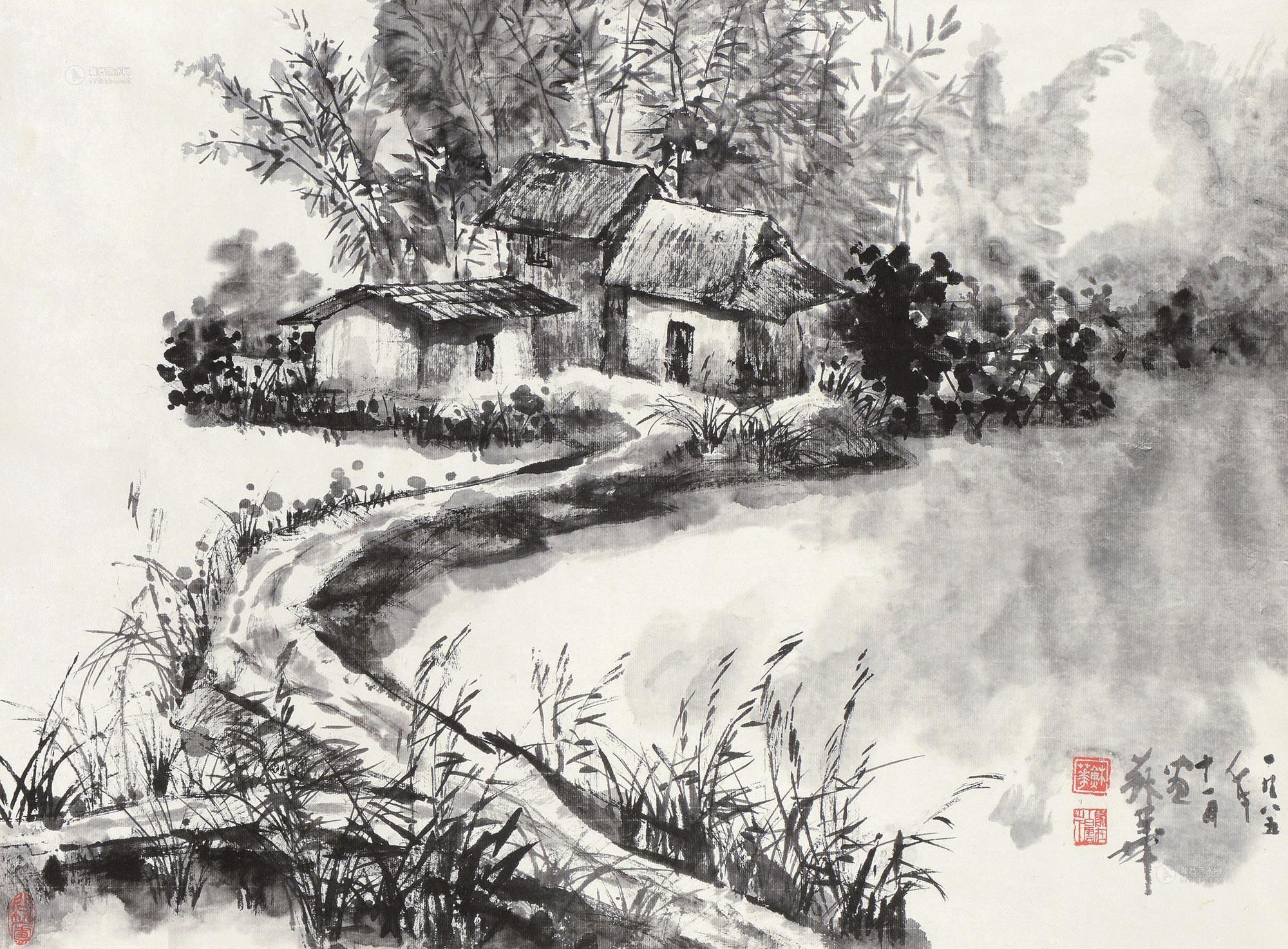 0247 乡村小景 立轴 水墨纸本