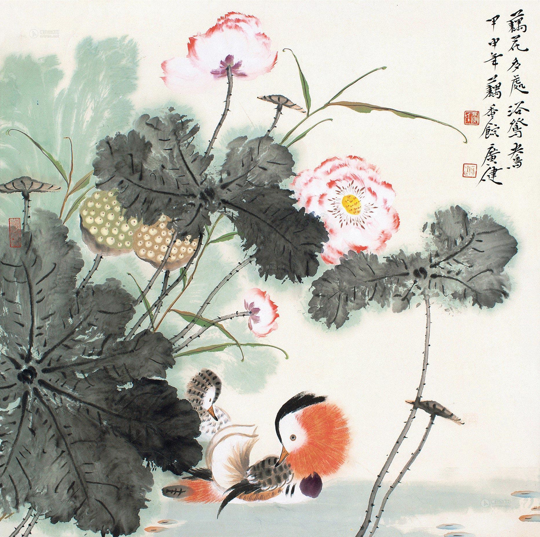 0703甲申2004年作荷塘鸳鸯镜片设色纸本