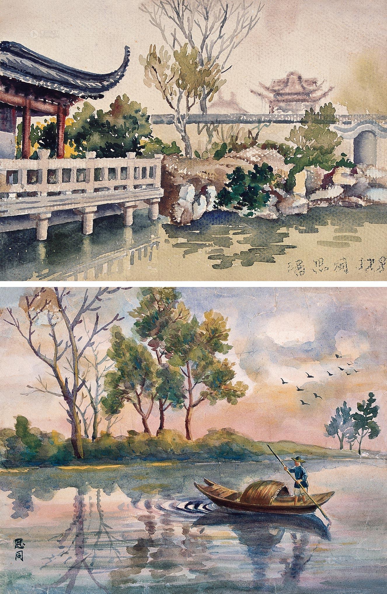 0305湖边江南园林二幅水彩画