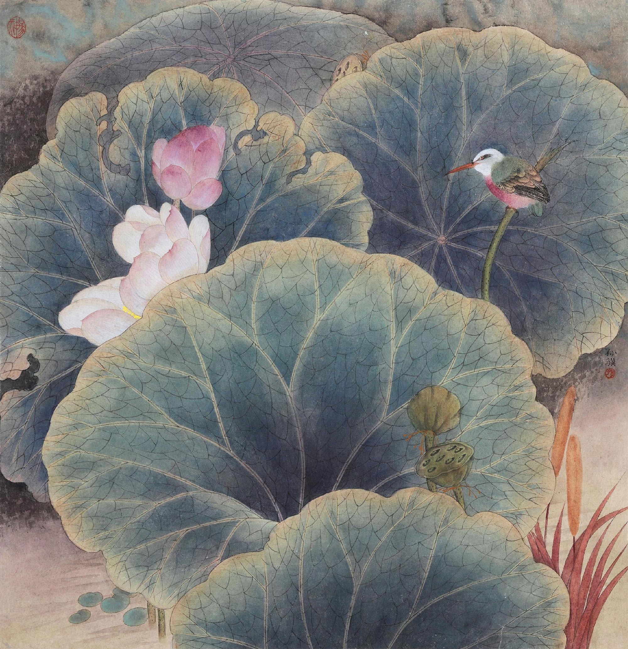 0235荷花翠鸟镜心设色纸本