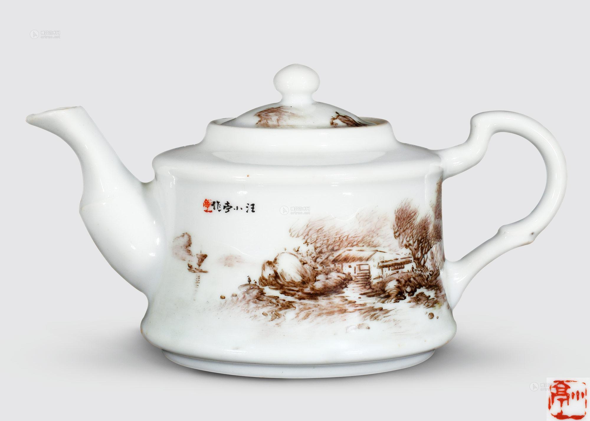 0119 上世纪50年代 汪小亭 墨彩生料山水瓷壶