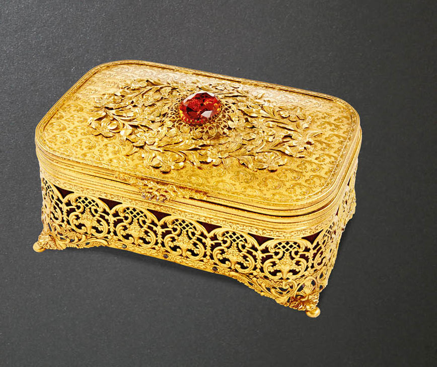欧洲 铜鎏鎏金双层珠宝盒 宝石镶嵌 镂空雕花工艺