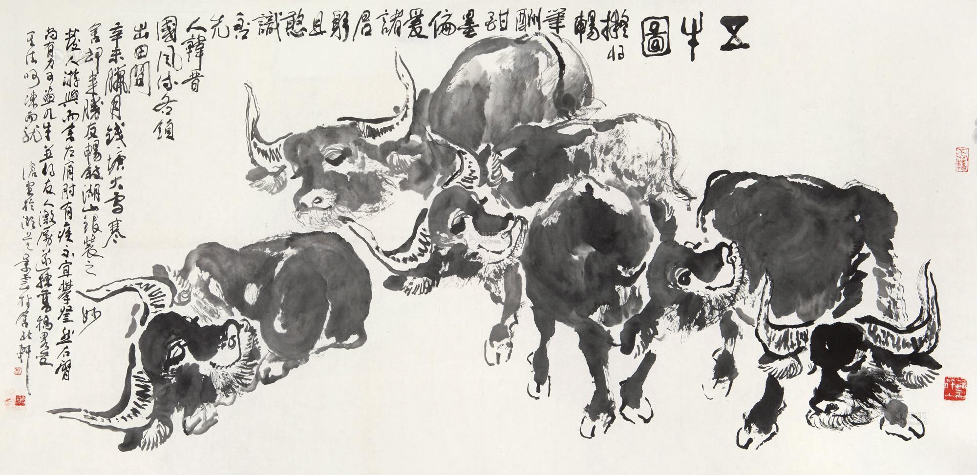0376 1991年作 五牛图 镜片 水墨纸本