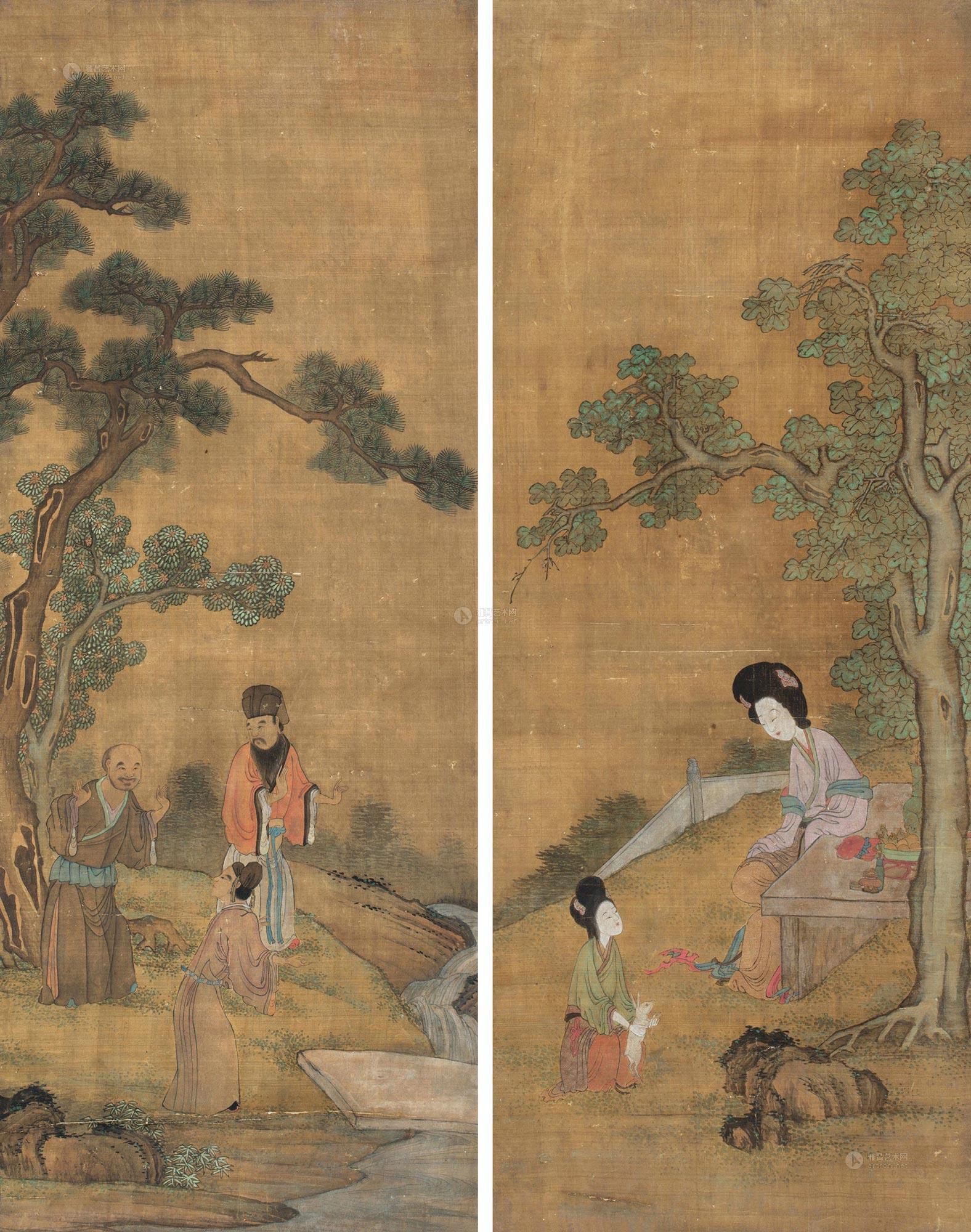 1391桐阴仕女虎溪三笑立轴绢本