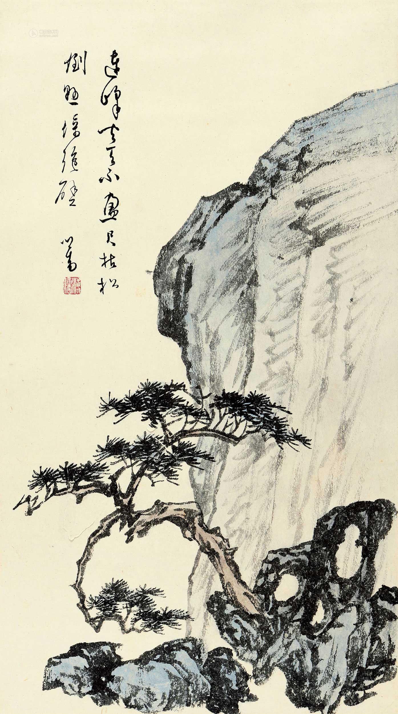 0541 绝壁苍松 立轴 设色纸本