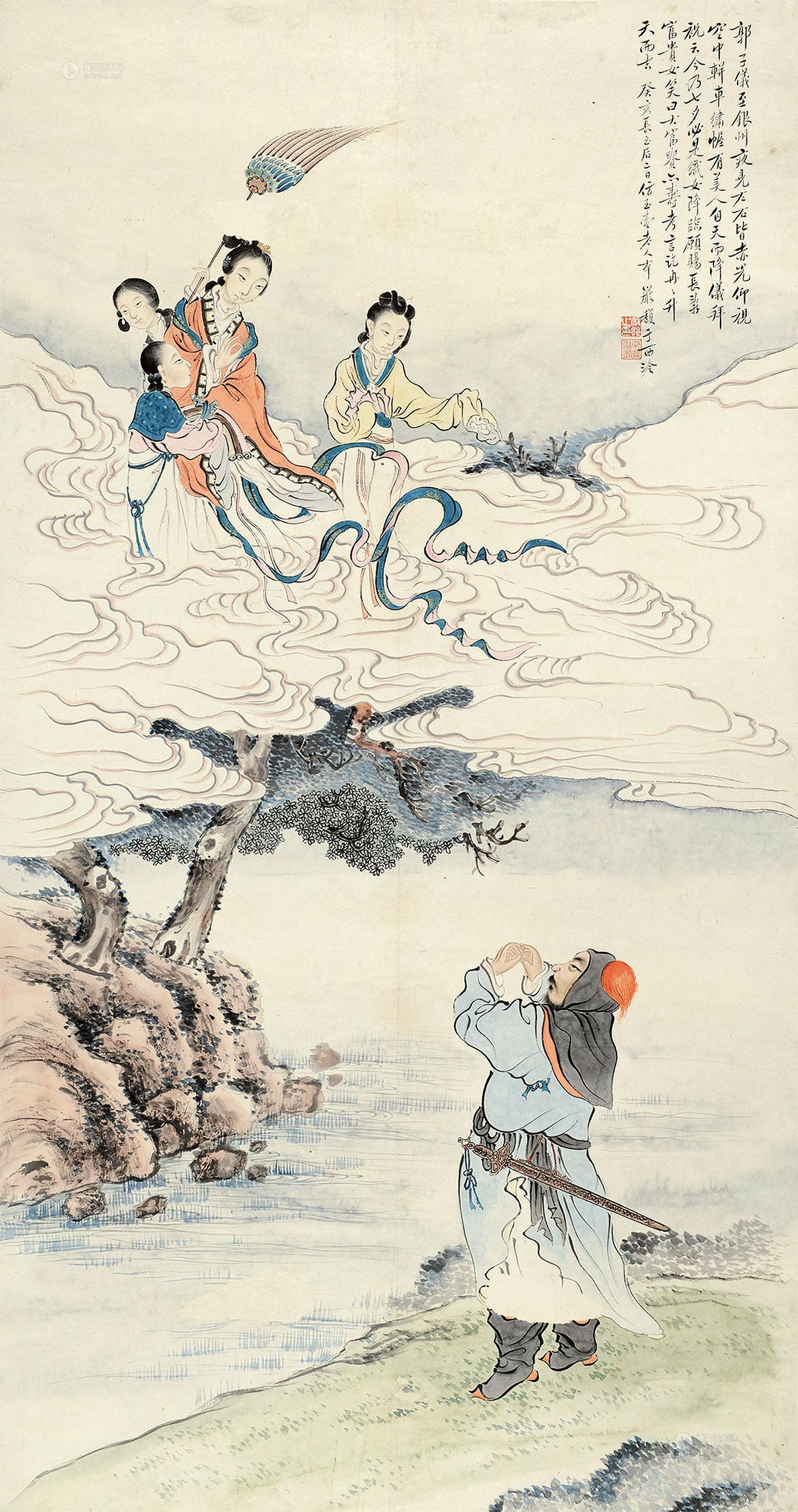 0454 织女下凡 立轴 设色纸本